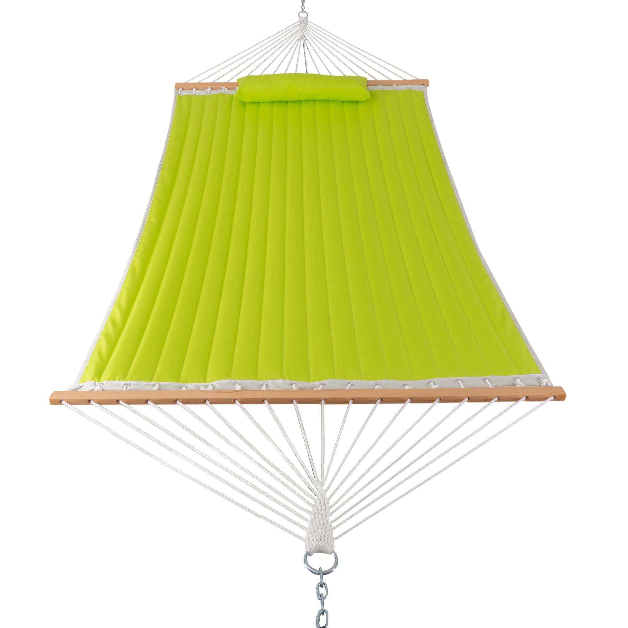Quilted Fabric Hammock with Spreader Bar, 2 Person Double Hammock with Pillow and Chains, Hammock for Outdoor Outside Patio Poolside Backyard Beach 450 lbs Capacity，Light Green