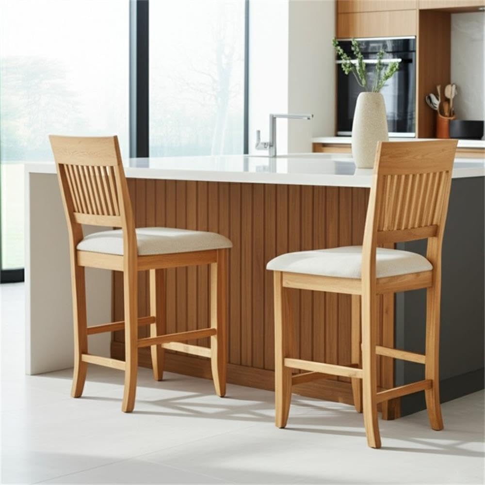 Pemberly Row Set of 2 Pub Dining Chairs, 42" H x 23" W x 20" D, Acacia Wood with Upholstered Polyester Seat, Iron Brush Antique Natural Finish, Rustic Modern Style for Dining Room or Kitchen