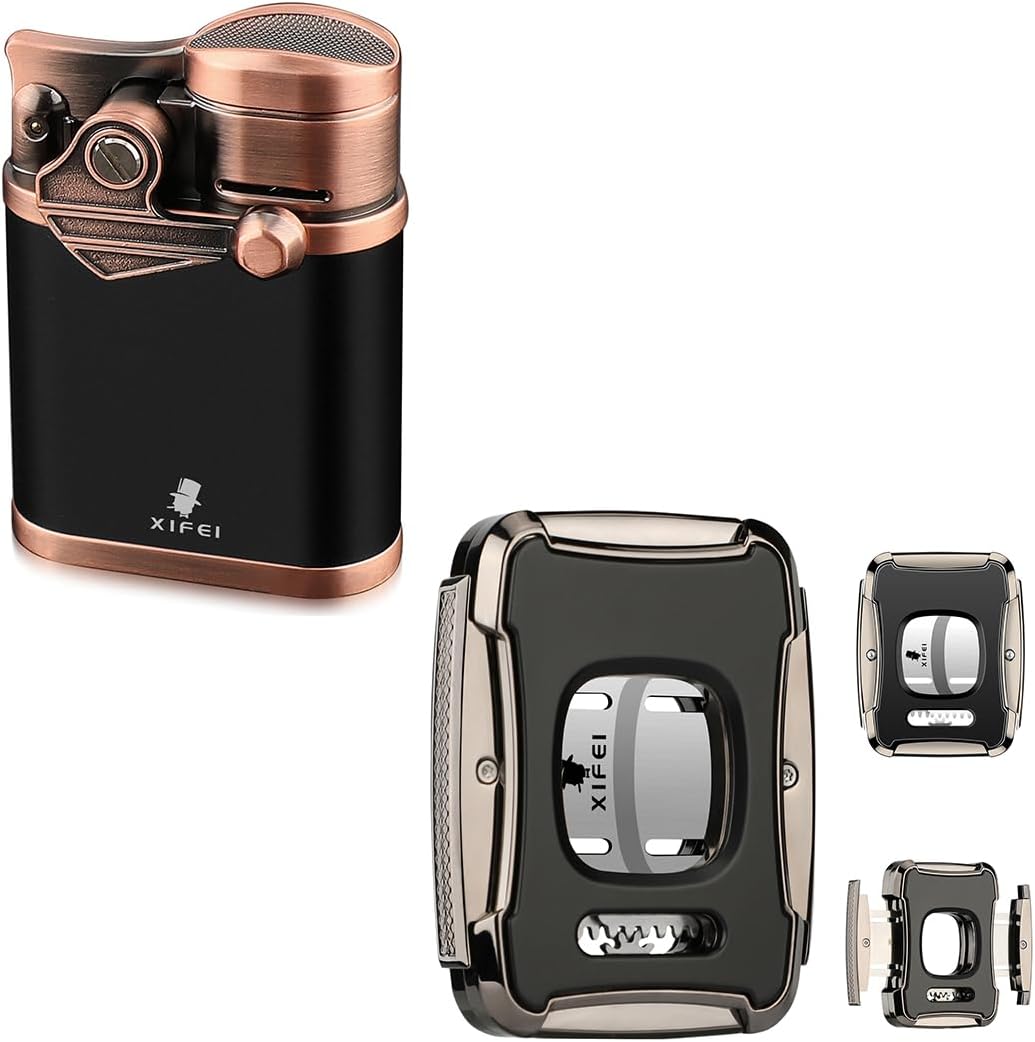 XIFEI Cigar Lighter 4 Jet Flame with Cigar Holder & XIFEI Cigar Cutter Guillotine Stainless Steel Double Blade Cigar Clippers Straight Cut
