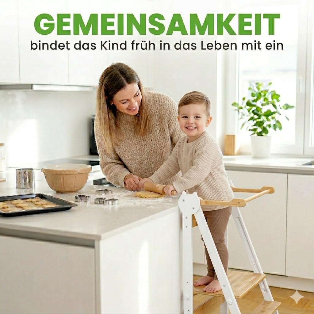 Lernturm Montessori aus Bambus, Klappbar, Tritthocker, Schemel für Kinder | Platzsparend, Höhenverstellbar, Kippschutz & Anti-Rutsch-Trittfläche, Für Kinder ab 1 Jahr