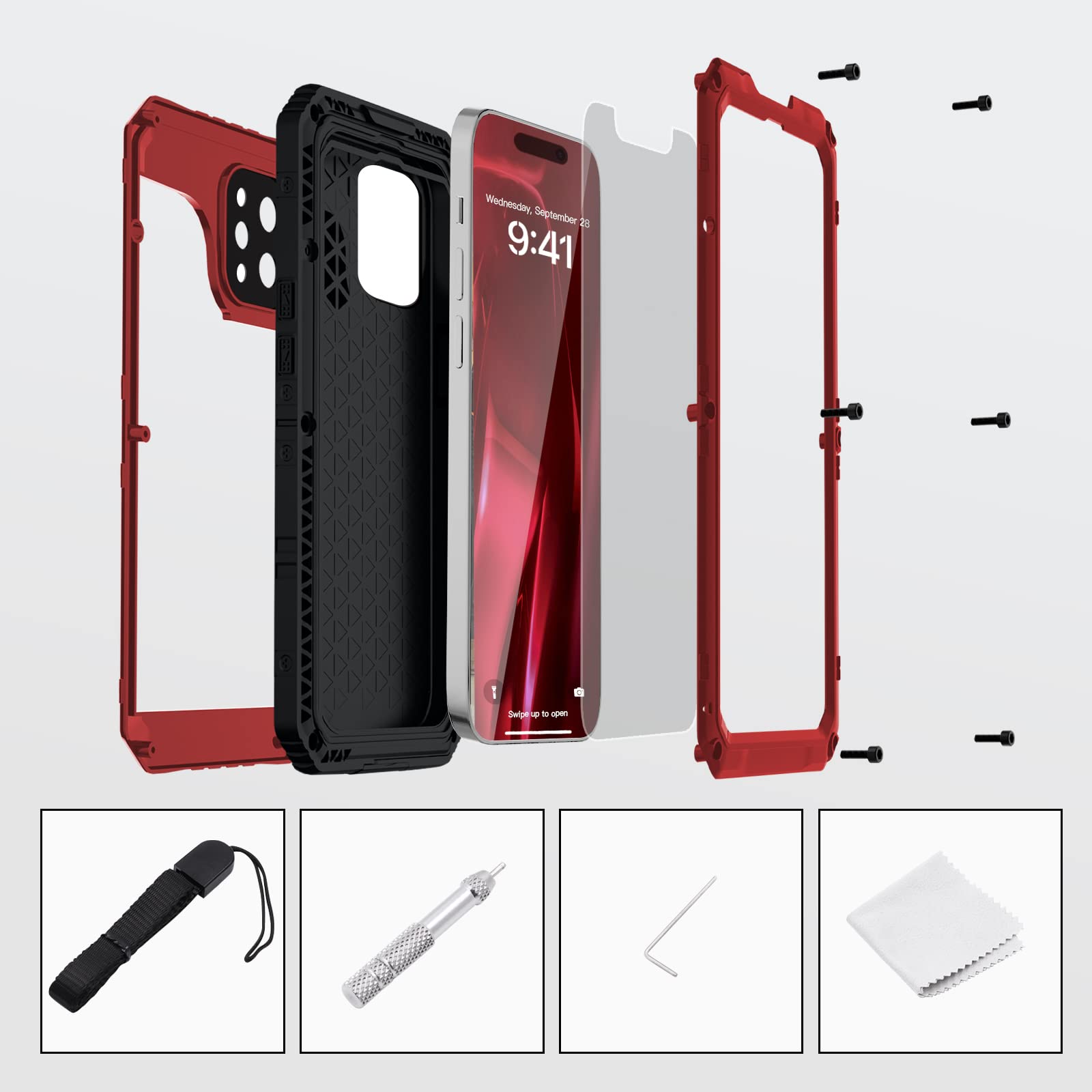 Mitywah Funda Impermeable para iPhone 14 Pro MAX, Funda Resistente a los Golpes con Protector de Pantalla Integrado, Carcasa de Metal de protección subacuática de Cuerpo Completo de 17 cm, Color Rojo