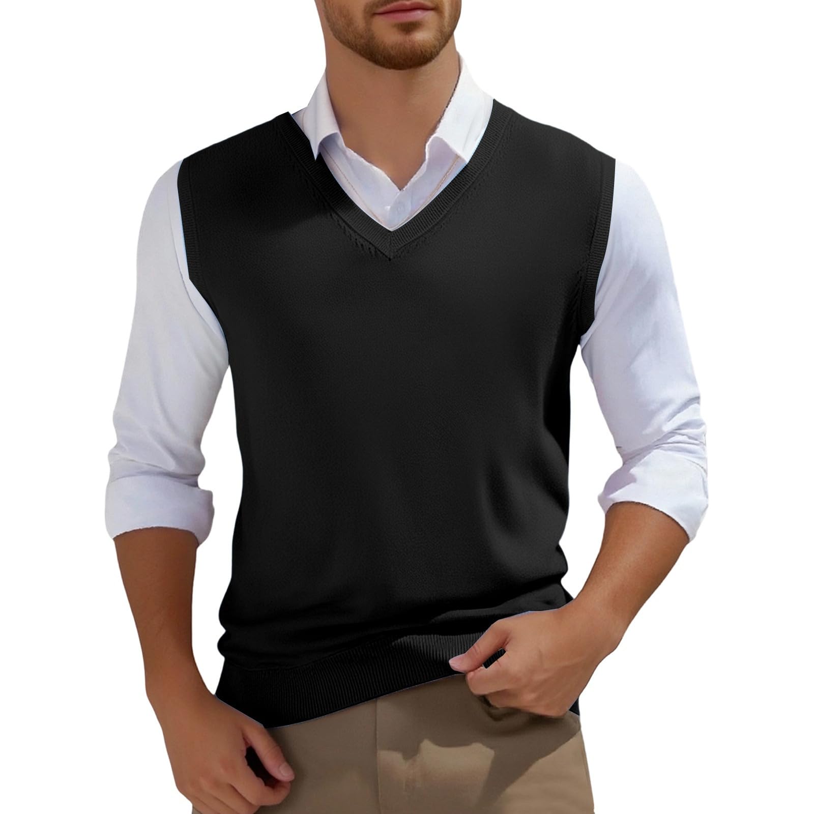 Pull sans manches et gilets tricotés pour homme Col en V Gilet en tricot léger Printemps Automne Respirant Doux Superposition Pièce Décontractée Confortable Gilet