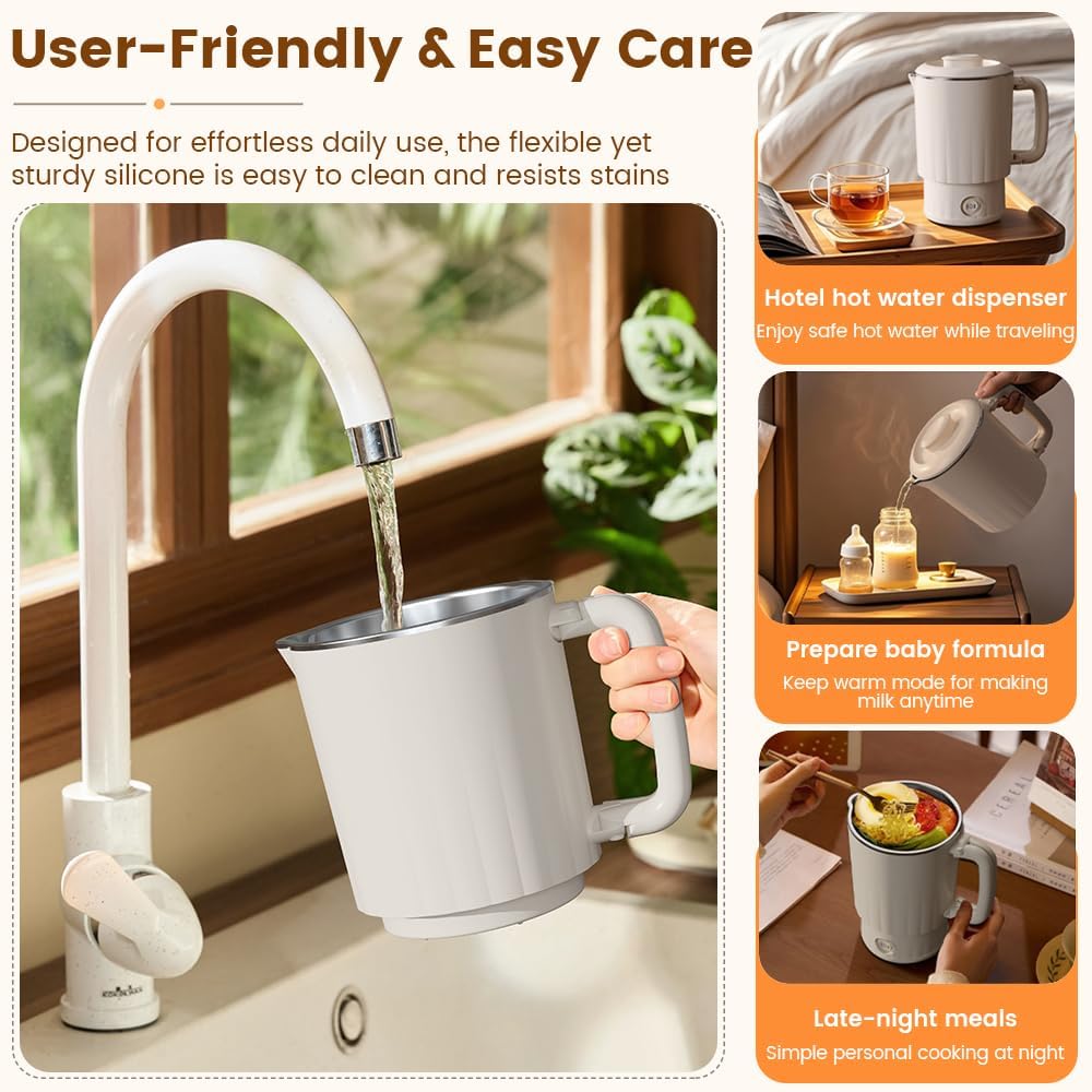 Collapsible Electric Kettle for Travel, Portable Foldable Kettle with Fast 600W Boiling, Compact Silicone Water Boiler for Hotel, Camping, Office and Dorm (800mL, Beige)