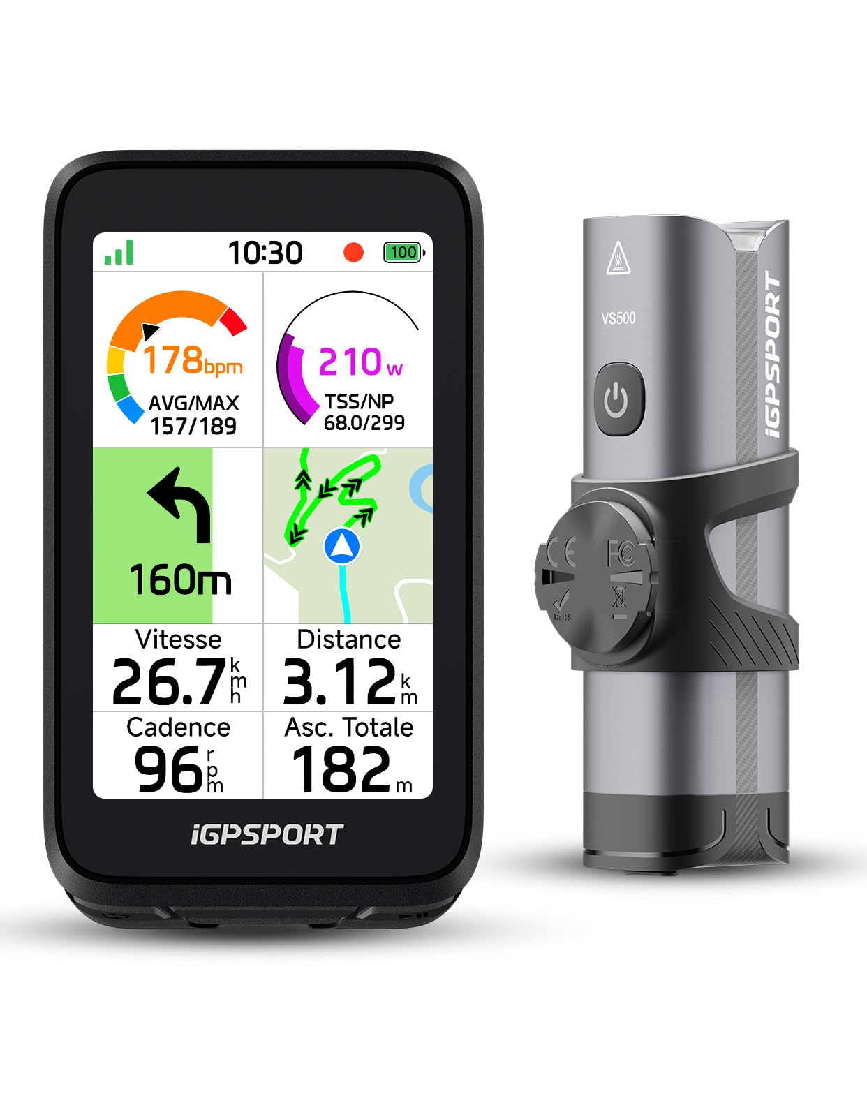 iGPSPORT BiNavi Air Compteur Velo sans Fil et 500 Lumens Lumiere Velo