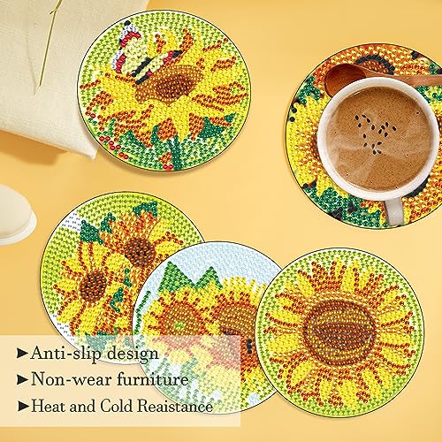 Image of 8 Pcs Sunflower Diamond Painting Coasters with Holder, DIY Diamond Art Coasters Kit, Small Diamond Art Kits Non Slip Handmade Table Decor Craft for Adults