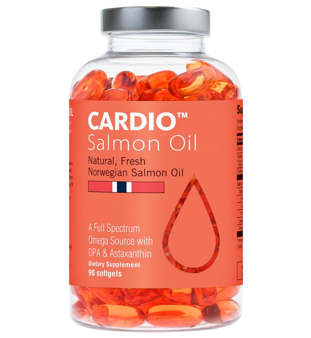Cardio Omega 3 Fish Oil - 1000mg, Norwegian Salmon Oil with EPA, DHA, DPA & Astaxanthin, No Fishy Aftertaste, Fatty Acids Supplement - 90 Capsules Salmon Oil 90 Count (Pack of 1)