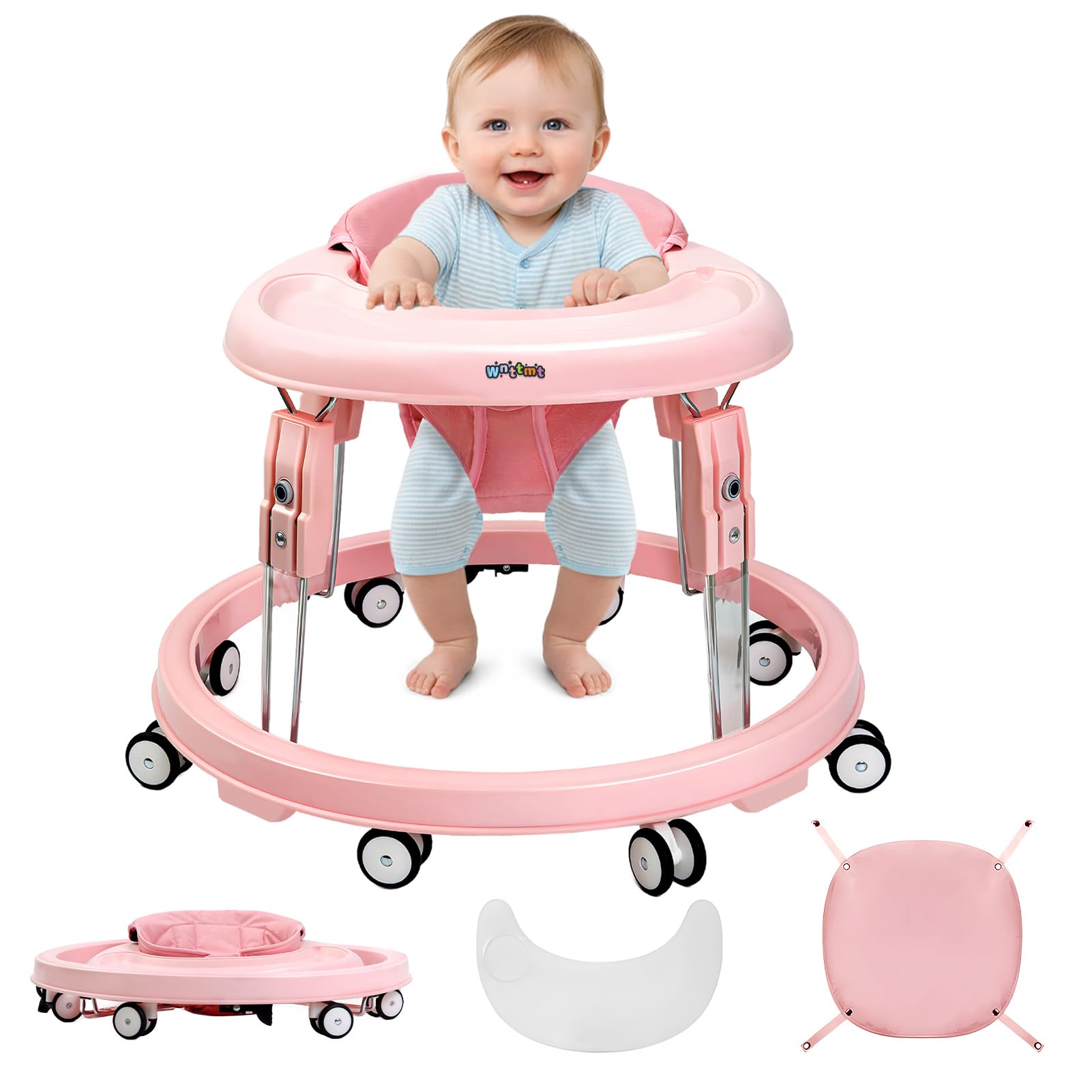 Wnttmt Baby Walker with Wheels, One-Touch Folding Portable Baby Walkers with Height Adjustment, Large Dinner Plate and Brake, Walker for Baby Boy