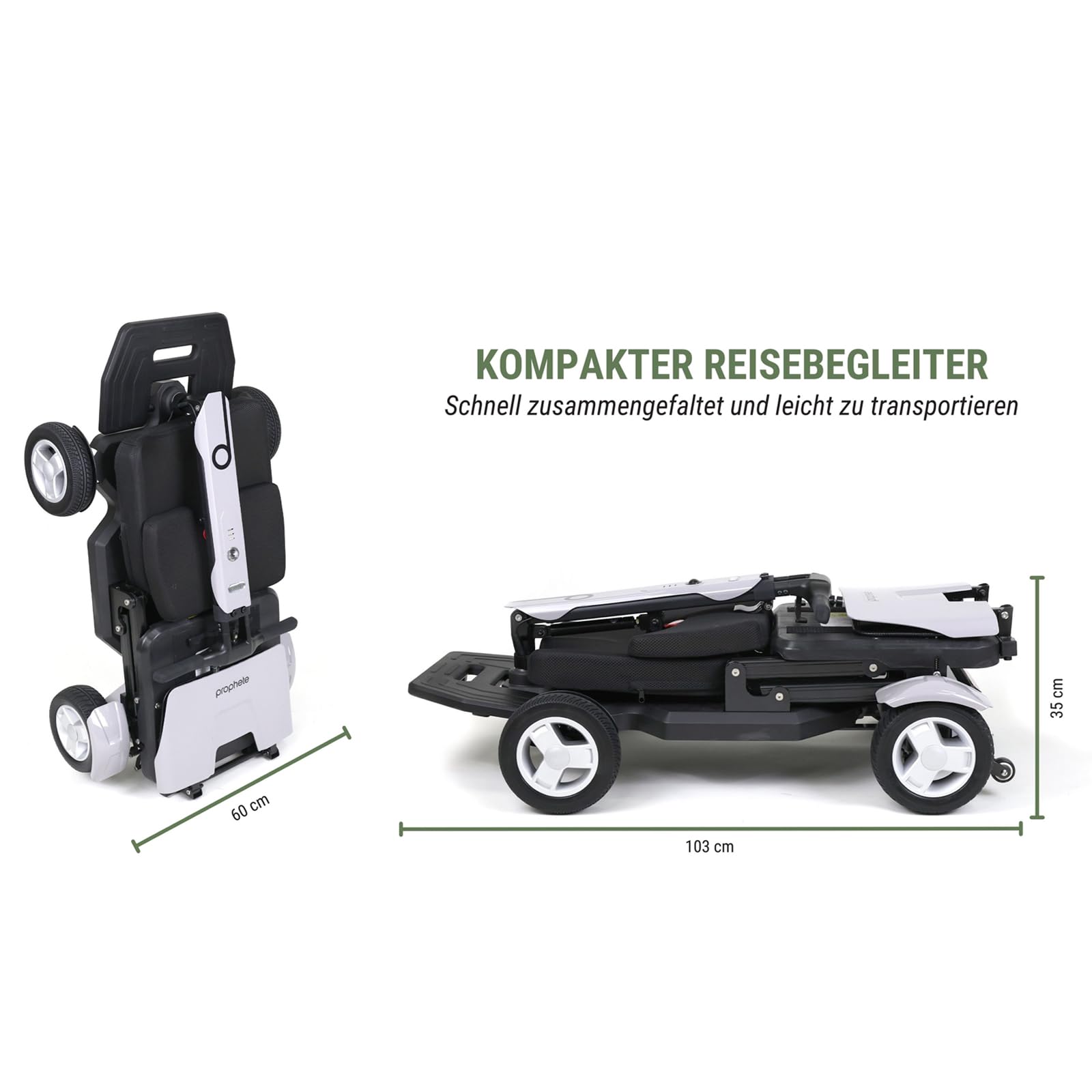 Prophete SM4 - Patinete eléctrico compacto de 4 ruedas con motor de 250 W, 2 baterías de iones de litio de 24 V/6 Ah, alcance de hasta 20 km, luz LED, neumáticos de goma de poliuretano, carga de 120