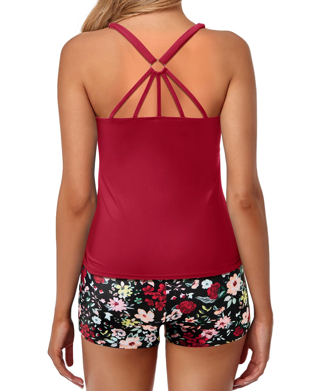 Yonique Plus Größe Tankini Badeanzüge für Frauen schwimmende Bademode mit Shorts 2 Stück V-Ausschnitt Bademode | Shorts mit hoher Taille, 3-lagige Rüschen, abnehmbare Cups, verstellbare Träger