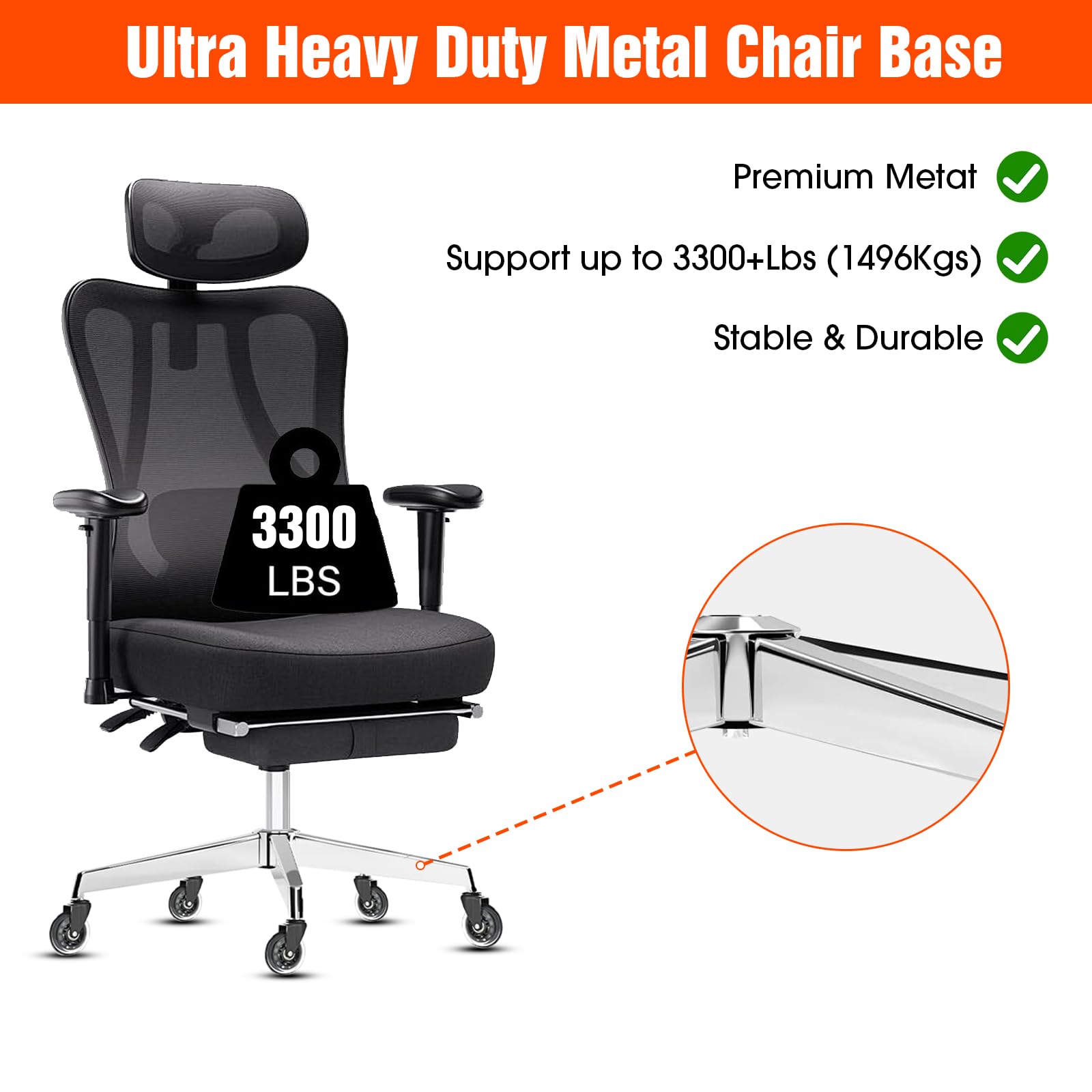 Repuesto de base de silla de oficina (3300 libras) – Reemplazo de base de silla de oficina de aleación resistente, patas de metal reforzadas para silla de oficina, cilindro de gas universal y