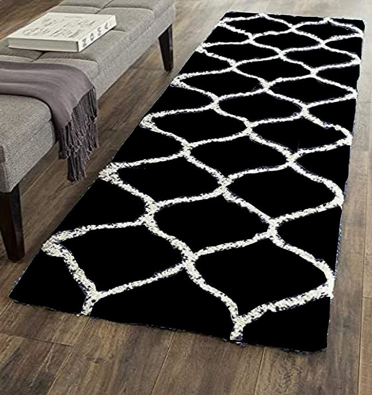 Rentoor_Shag Carpet for Living Room Bedroom Drawing Room Modern Design Luxury Floor Covering Rug (Black Zig Zag 2x6 Feet)