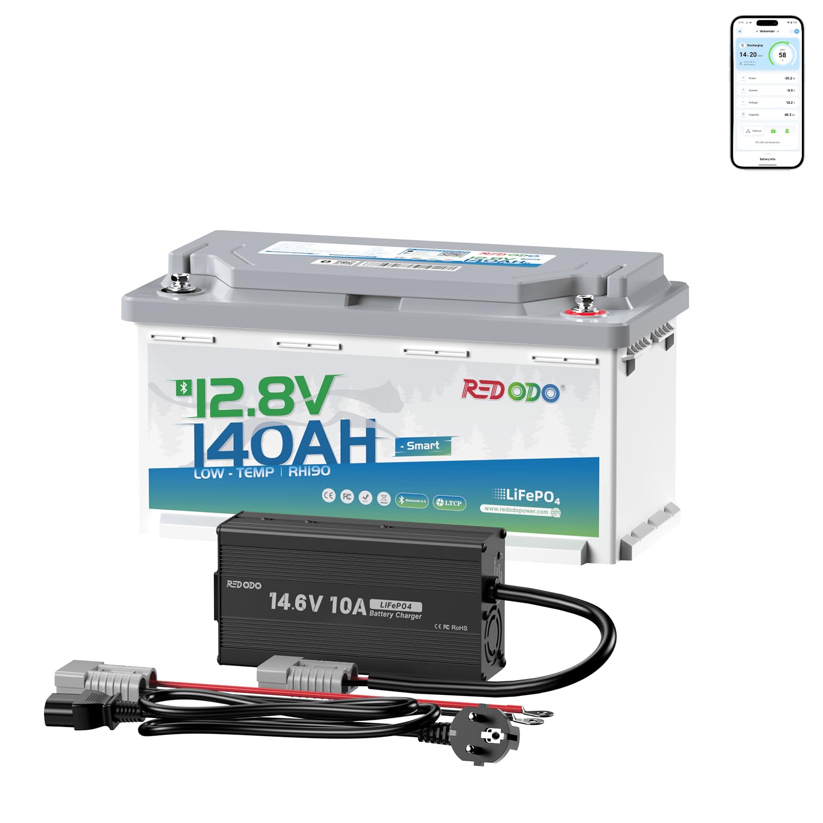 Redodo 12 V 140 Ah H190 Bluetooth bateria pod siedzeniem -LiFePO4 z ładowarką do akumulatorów 12 V 10 A Lifepo4, akumulator litowy o niskim cyklu 1792 Wh z inteligentnym BMS 150 A, idealna do kamperów