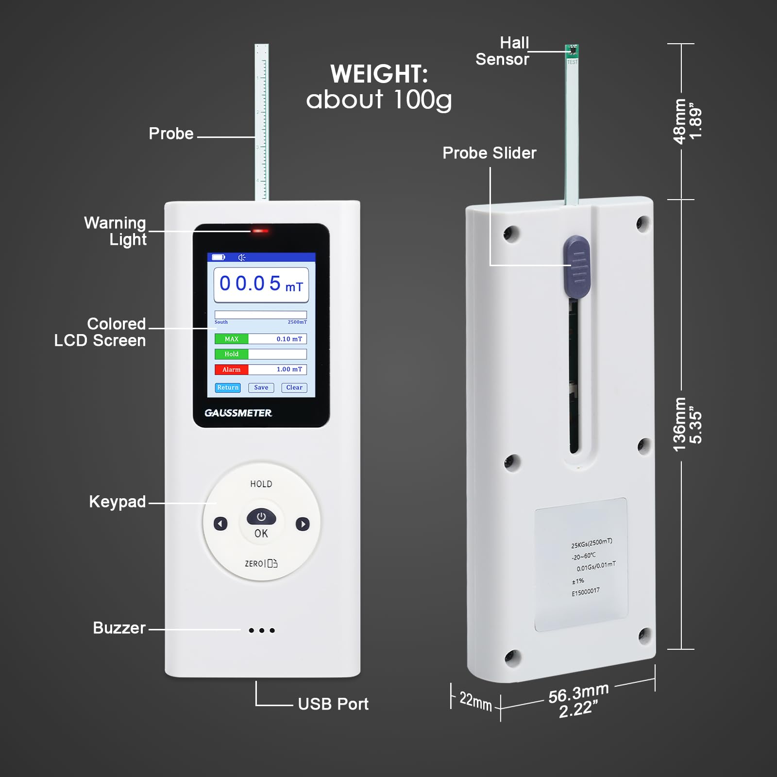 Gaussmeter Tesla-Meter 0-25 kG 0-2500 mT Magnetometer Magnetfeldstärkemessgerät HD-Display N/S-Polerkennung