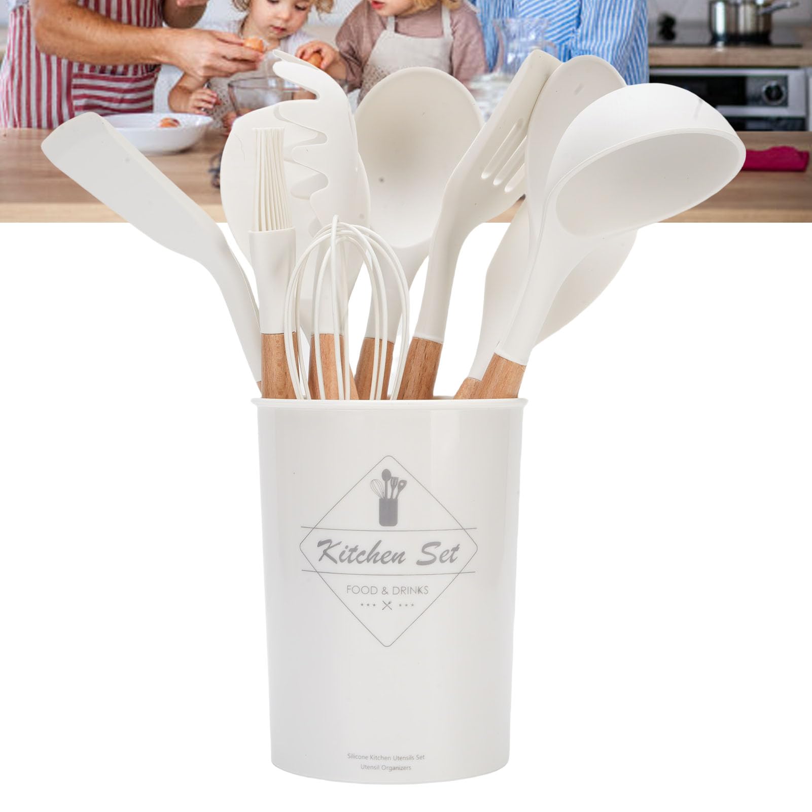 Ensemble d'Ustensiles de Cuisine en Silicone, 12 Pièces, Ustensiles de Cuisine Antiadhésifs Résistants à la Chaleur avec Manche en Bois, Ensemble de Spatules en Silicone Souple pour