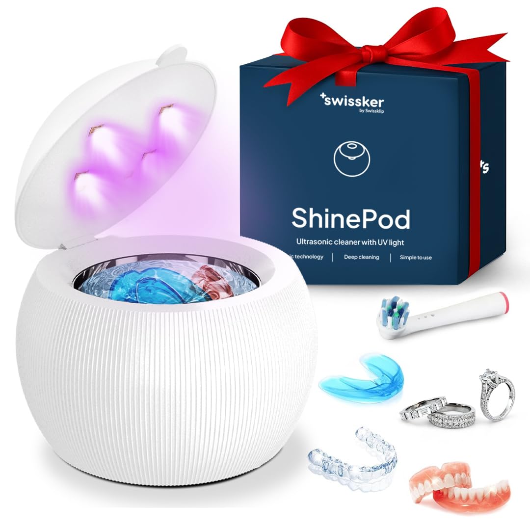 Swissker by Swissklip ShinePod Ultrasonic Dental Cleaning Pod | Ultrasonic Retainer Cleaner Machine | Mouth Guard Cleaner| Night Guard Cleaner| Aligner Cleaner | Denture Cleaner - White