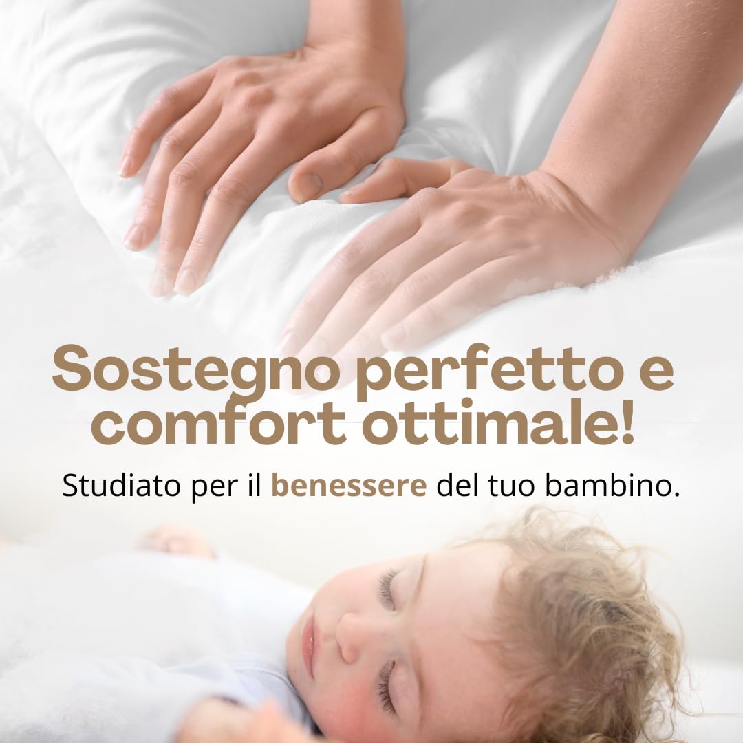 Natéa Cuscino Bambino 2 Anni con Federa 100% Cotone Traspirante e Antiacaro certificato OEKO-TEX® 100, Cuscino Lettino Bambino per Asilo e Culla, per bimbi di 2, 3 e 4 Anni (40x60x4 cm)