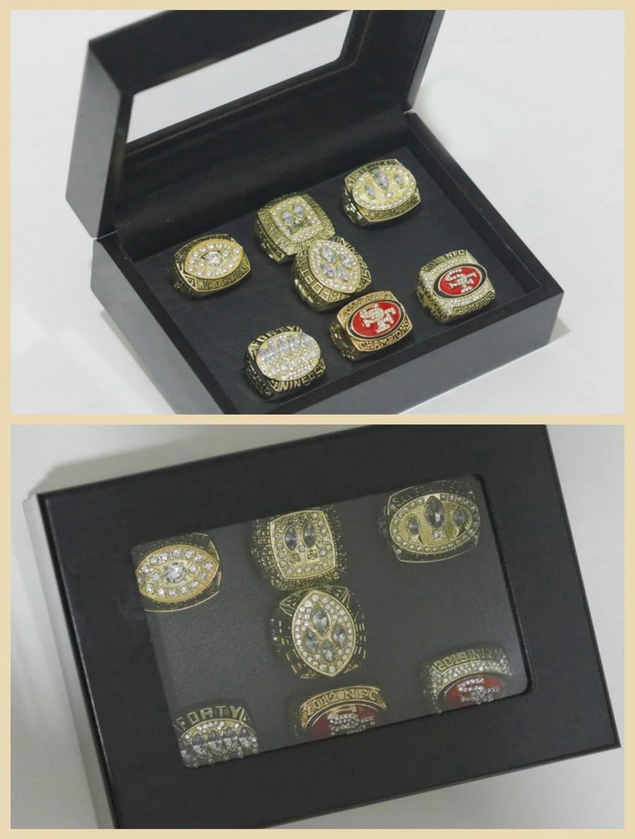 TREASURE FOOTBALL CHAMPIONSHIP RING 49ER 1981 84 88 89 94 12 19 7-TIMES SET & LUXURY BLACK BOX LEGEND VICTORIOUS RARE SPORTS FAN GIFT SERIES - HOLIDAY SHOW COLLECT