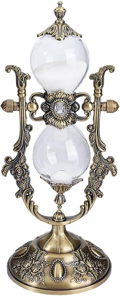 SOFPLAE Vintage Hourglass Timer 15 Minute Sand Timer Decorative Embossed Metal Hourglass with Acrylic Glass European Creative Retro Desk Decoration for Office Home Living Room Elegant Wedding Gift