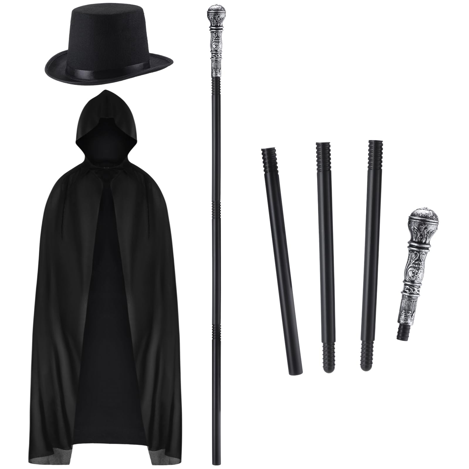 Blosssound3 Pcs Plague Doctor Costume Hooded Halloween Cloak Black Top Hat Wizard Staff Set Black Cape Cane Top Hats for Woman Men Costumes Halloween Party