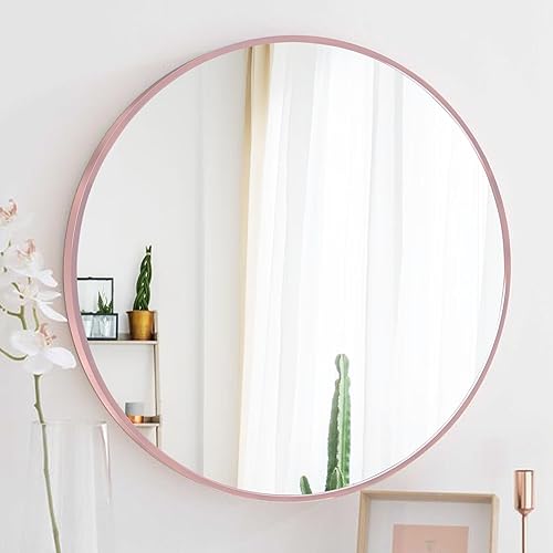 Miniatura 8 de Heymirro Espejo redondo de baño de 24 pulgadas con aleación de aluminio de oro rosa con marco mate, espejos circulares para pared, dormitorio,