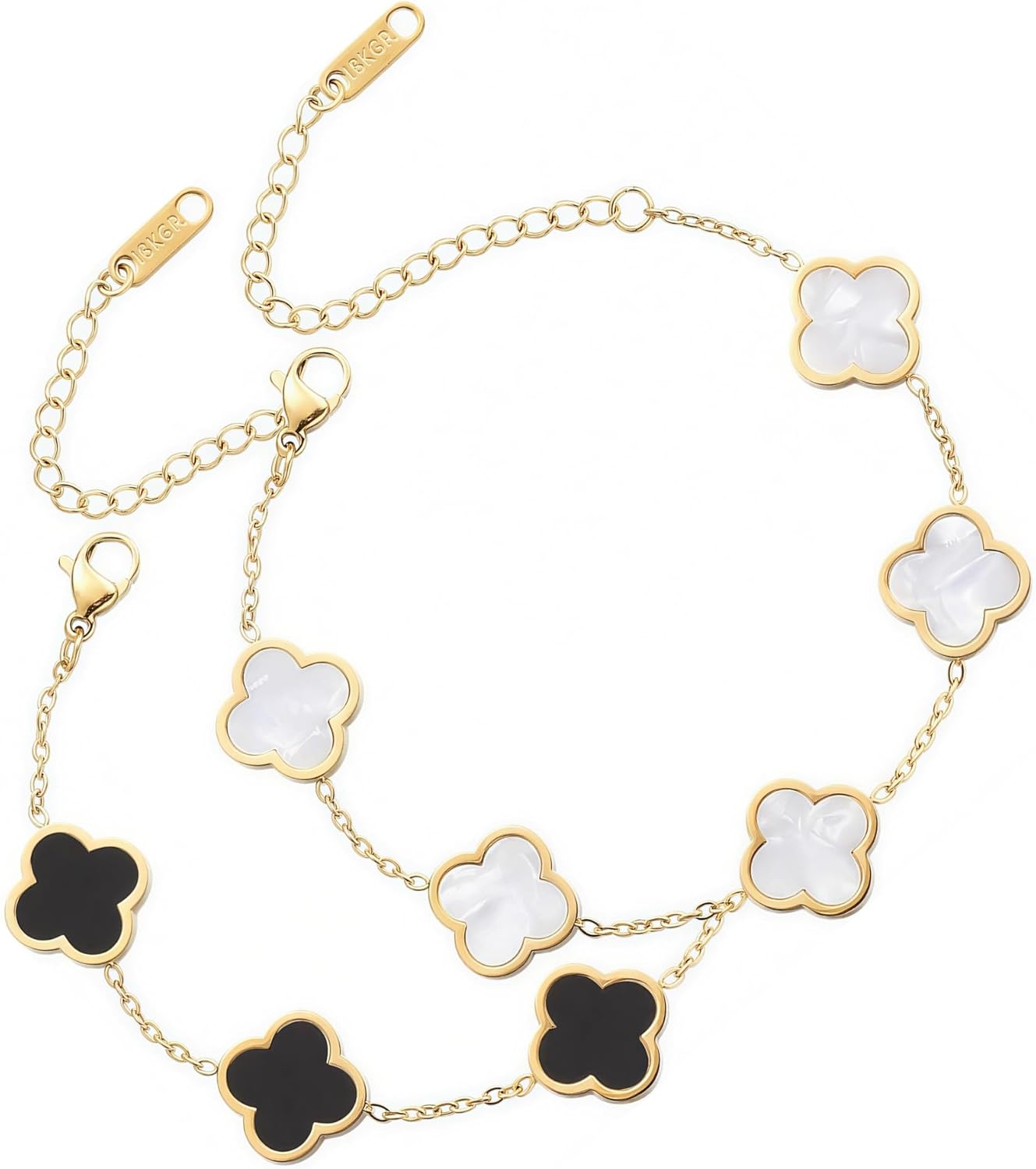 Four Leaf Clover Bracelets 18K Gold Plated Lucky Bracelet for Women Flower Leaf Link Lucky Bracelet Trendy Jewelry Gifts/Birthday Gifts for Women-2Pcs White/Black