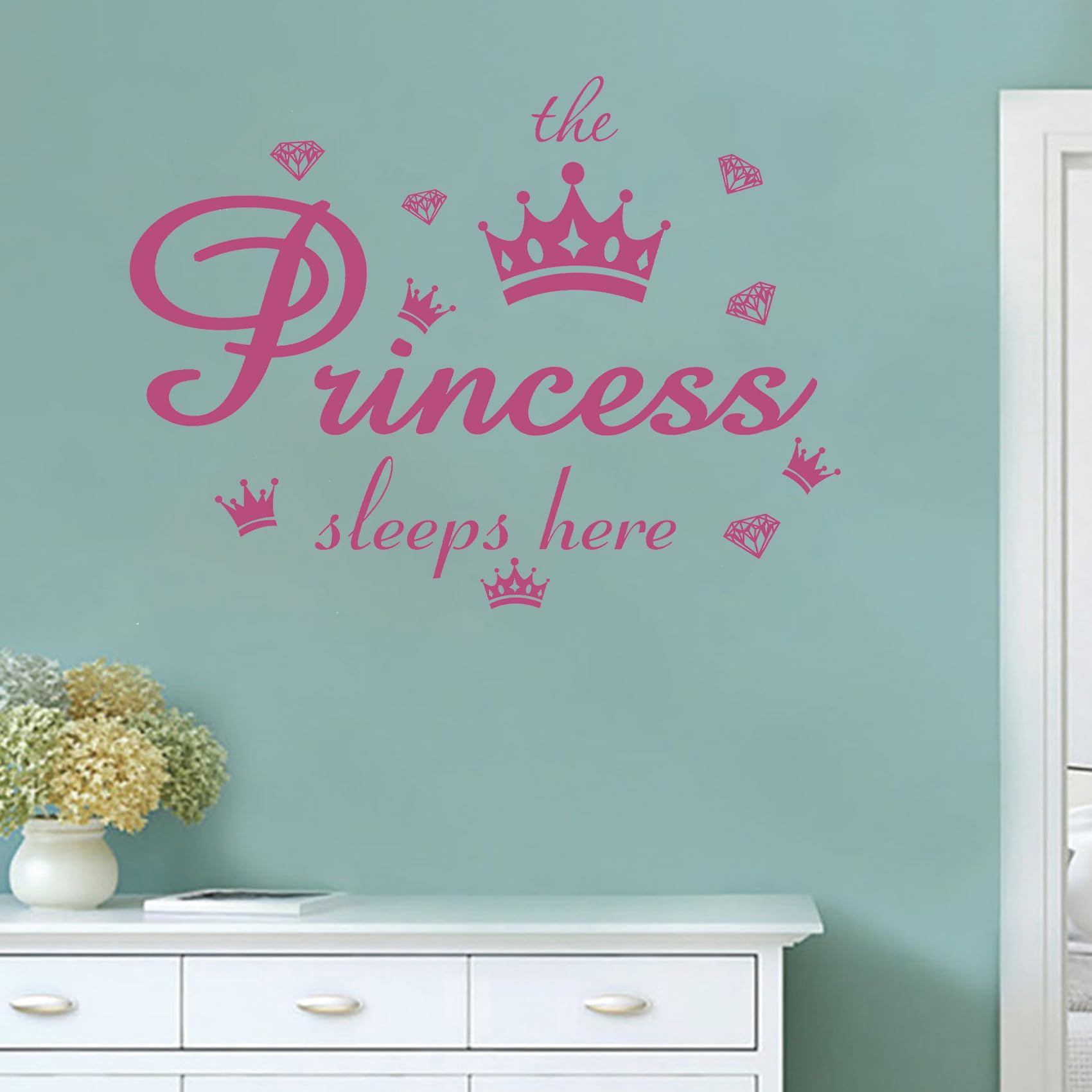 Vinyl Wall Decals Quote The Princess Sleeps Here Pink Crown Diamond Wall Stickers Removable DIY Art Words Mural Wallpaper Decor for Girls Kids Bedroom Nursery Home Decoration - Image 3
