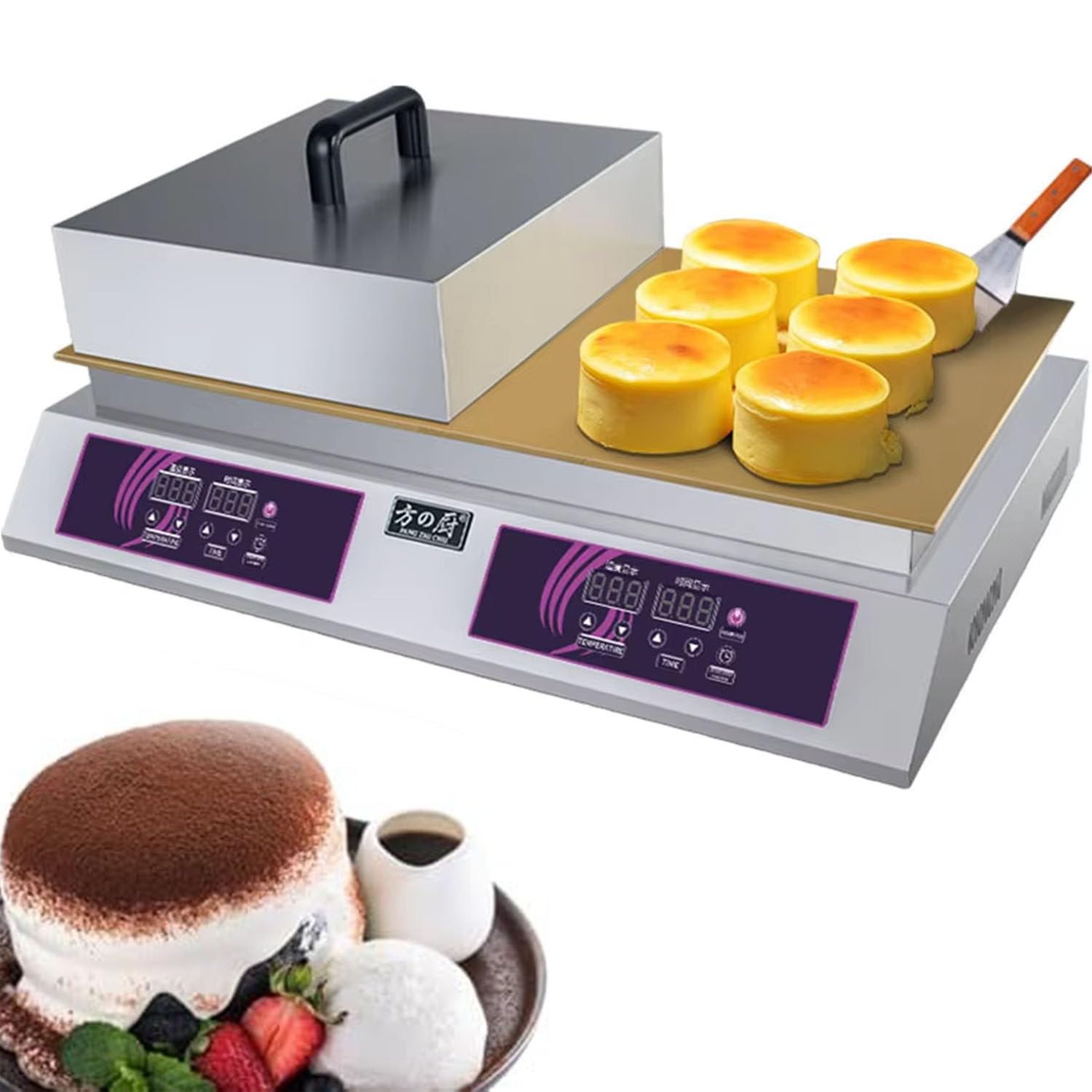 RETRIN Stainless Steel Commercial Souffle Maker Machine,Pure Copper Heating Plate,Nonstick Griddle Fluffy Japanese Pancake Egg Souffle Baker Easy Clean for Cafe Restaurant Home Use Doublehead