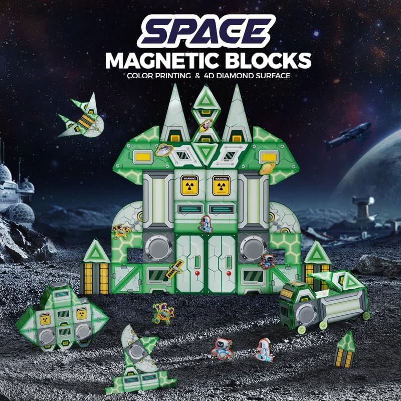 Image of Happy Hues Space Magnetic Tiles- Building Blocks for Kids 3D STEAM Educational Toys for Kids Age 3 +Year Old Boys Girls Creative Gift (66 Pcs Magnetic Space)