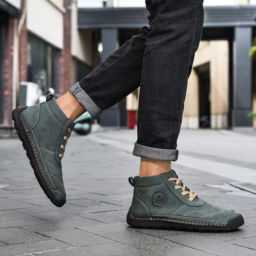 Image of Men's Casual Leather Handmade High Boots Fashion Lace-Up Non-Slip Sneakers Outdoor Comfort Retro Walking Driving Ankle Chukka Bootie