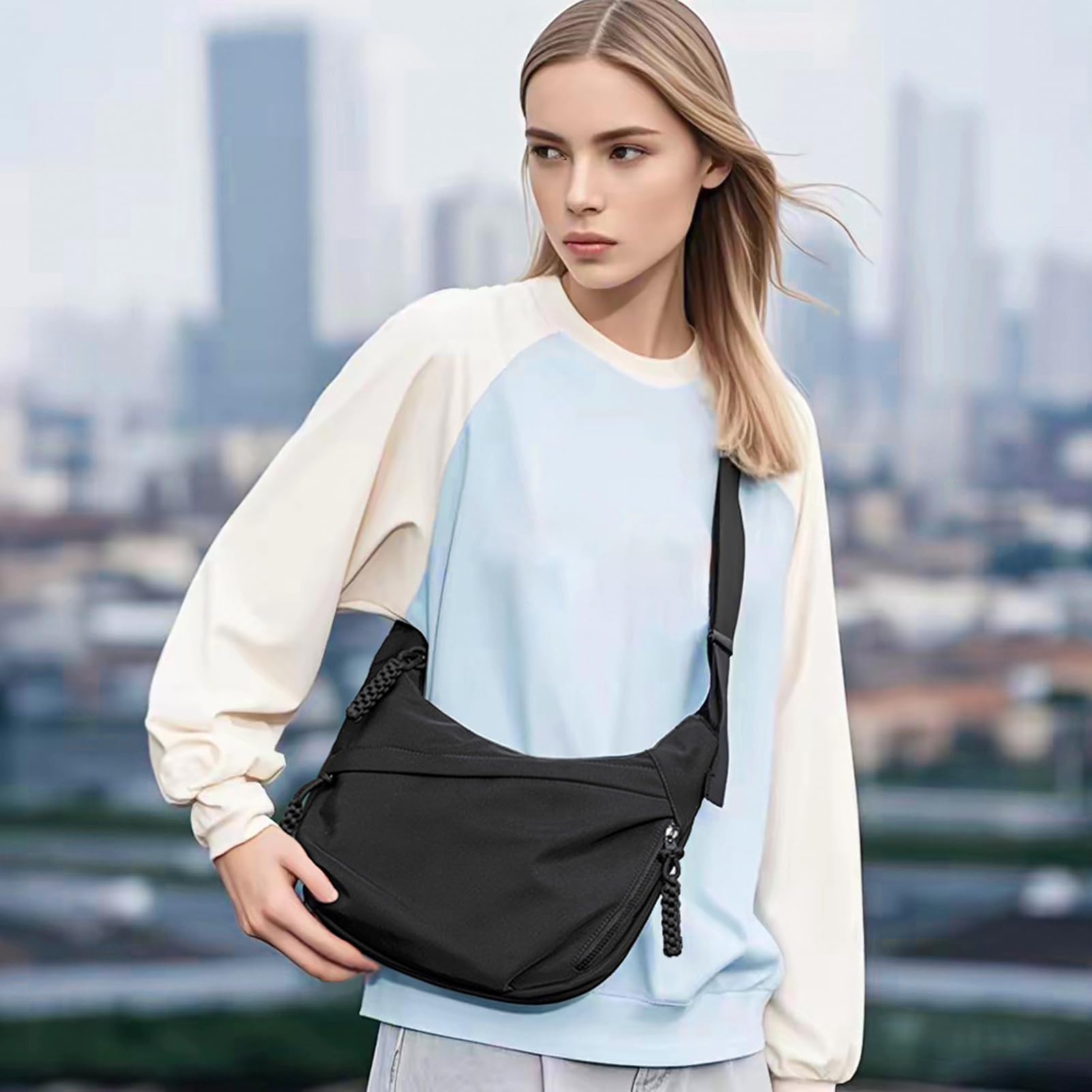 Motesun Crescent Crossbody Bags for Women and Men Nylon Luna bag Moon Hobo Purses Slouchy Dumpling Bag Canvas Shoulder Bags (Black)