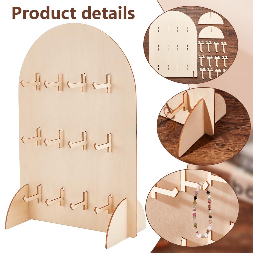 PH PandaHall Stecktafel-Präsentationsständer, Bogenförmiger Präsentationsständer Für Armbänder Aus Holz, Tisch-Schmuck-Organizer Mit 12 Haken Für Ohrringkarten, Halsketten, Rauchig, 15x15x40.3 cm