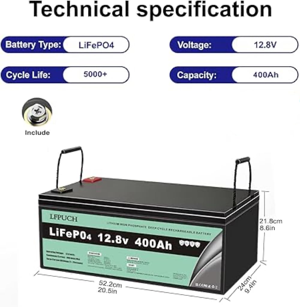 Leisure batería，20KWH LiFePO4 Batería de 48V (51,2 V) 400Ah batería de Litio Hierro fosfato, batería de Repuesto Deep AGM de Ciclo Profundo, Adecuado para Sistemas fotovoltaicos(4 Unidades de 12,8V