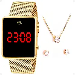 Relogio Feminino Digital Dourado Quadrado Original Casual com Caixa Presente Romantico Conjunto Joias Brincos e Colar Ponto Luz Folhados Ouro 18k Social Festa Trabalho
