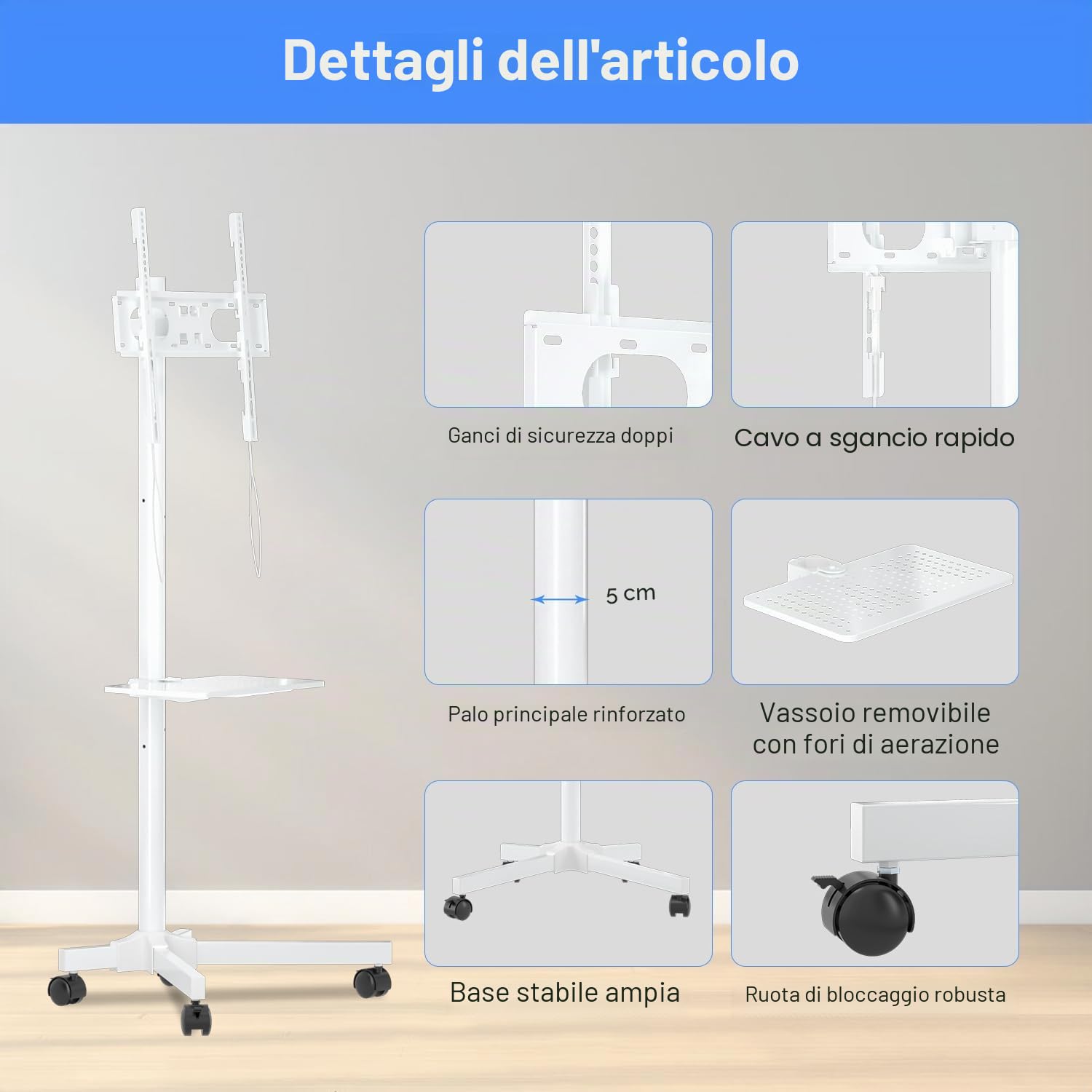 Supporto per TV su Ruote 21-60 Pollici VESA 400x400 mm Bianco 35 kg