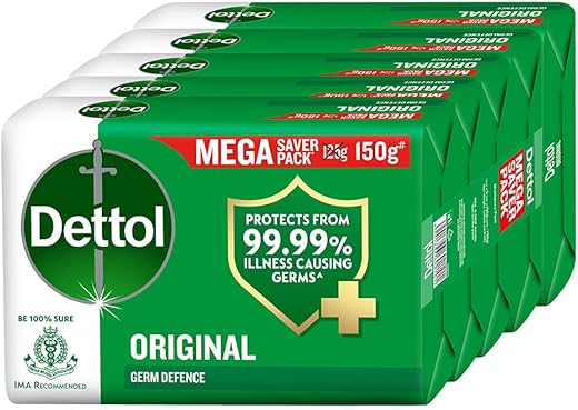 Dettol Original Germ Protection Bathing Soap Bar (750gm) | Kills 99.99% germs, 150 – Pack of 5 (packaging may vary)