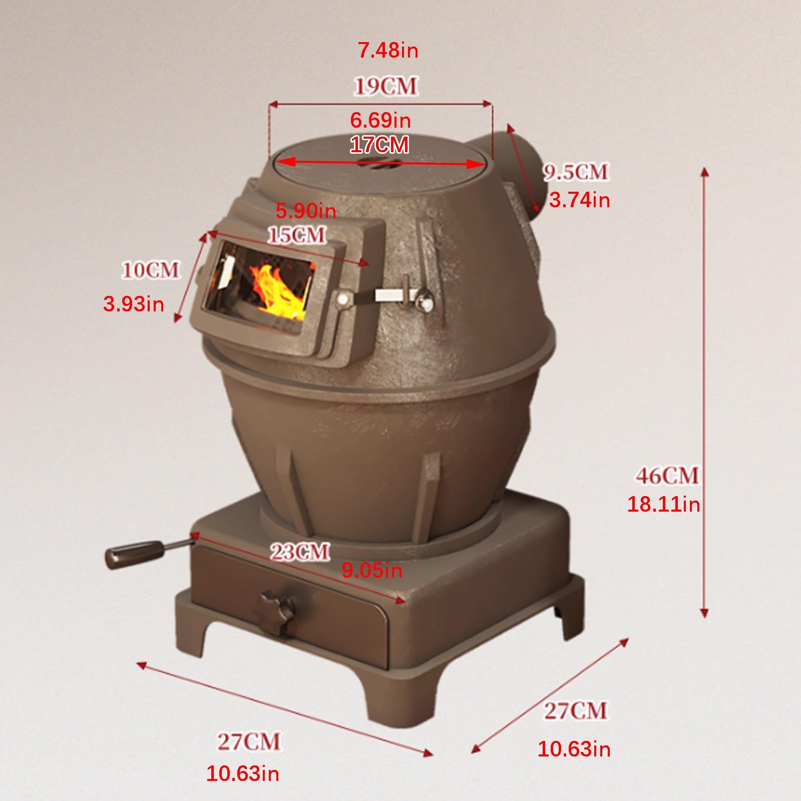 Stufa Multicombustibile Per Casa Per Riscaldare E Cucinare Con Coperchio Sigillato, Vetro Di Controllo & Cassetto Delle Ceneri, 2 Dimensioni Disponibili(300cm chimney,23 * 23 * 40cm)