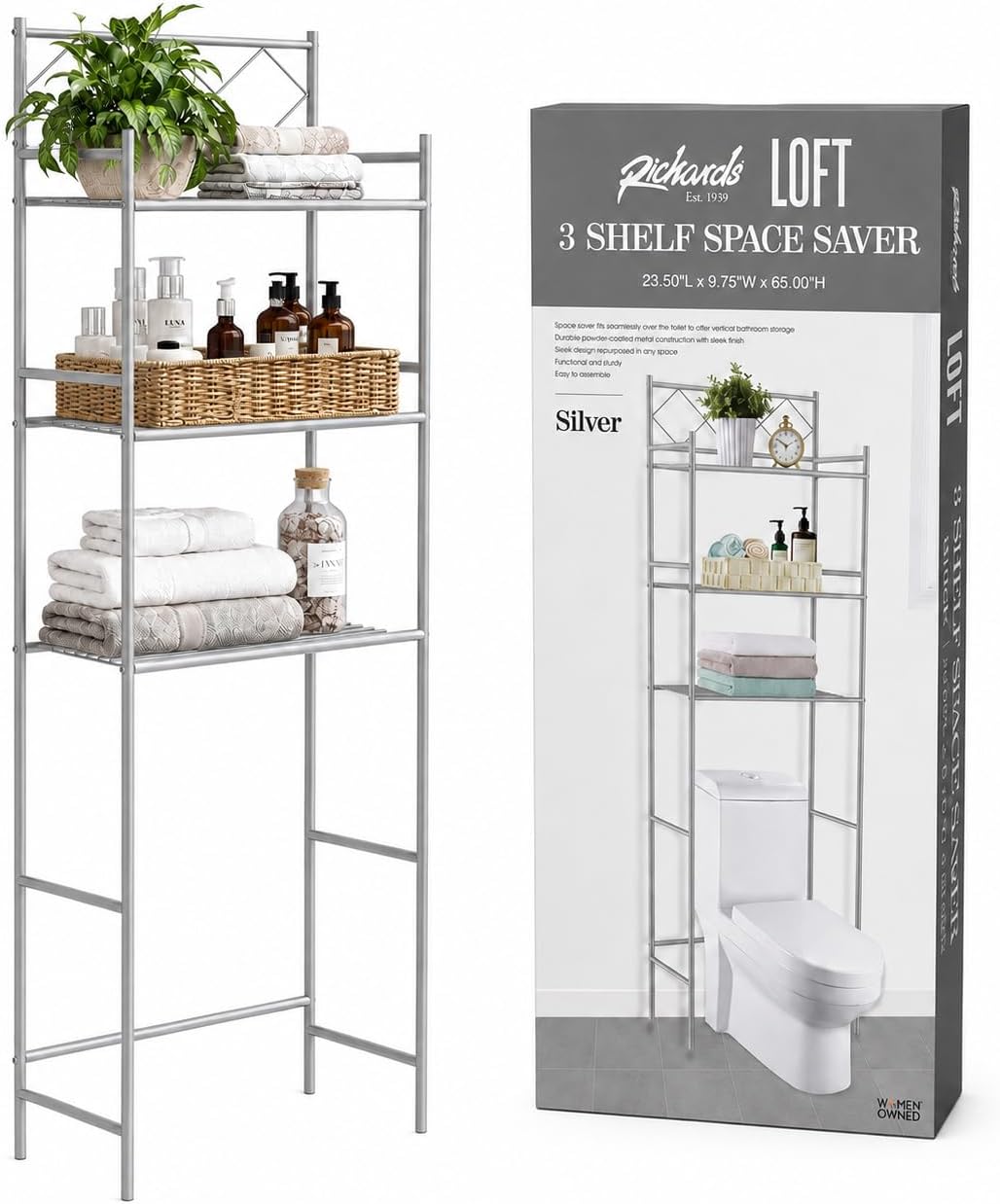 American Dream 3-Shelf Over-the-Toilet Space Saver Bathroom Storage Rack – Freestanding Metal Organizer with Open Shelves for Towels, Toiletries & Bathroom Essentials. Silver