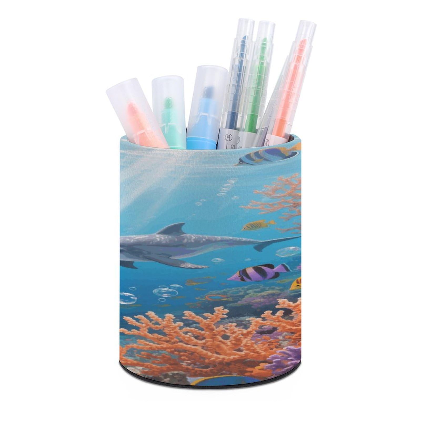 VstaDank - Dolphin Round Pen Holder Dolphin Cup Holder PU Leather Desk Organizer Holder for Office Home Desk Decoration (3.1 x 3.9