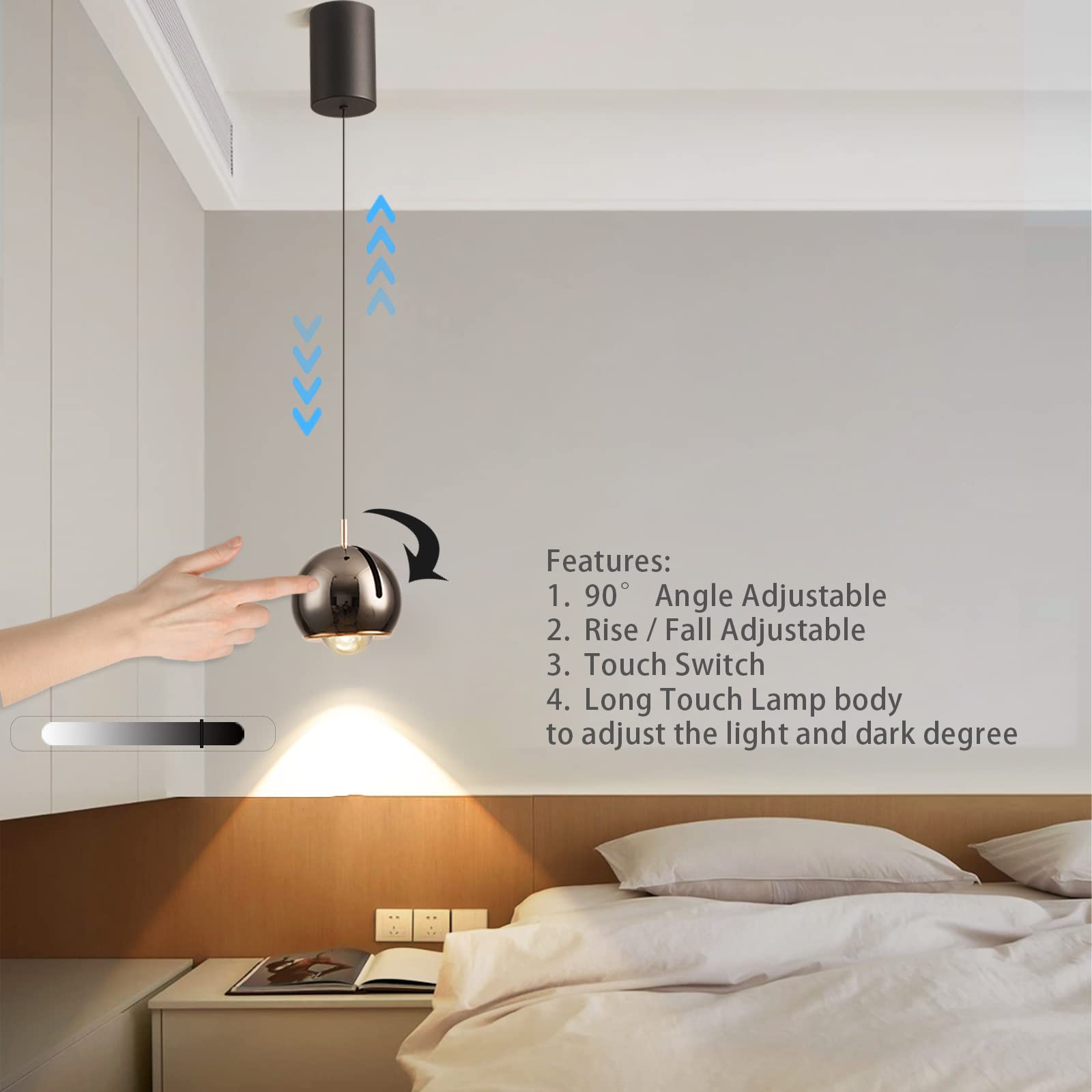 Creativo Sollevamento Illuminazione Interruttore a sfioramento Dimmerazione Luce a sospensione Camera da letto Angolo di 90° Regolabile Luci sospese Alluminio Salita e discesa Lampadari LED Calda Luce