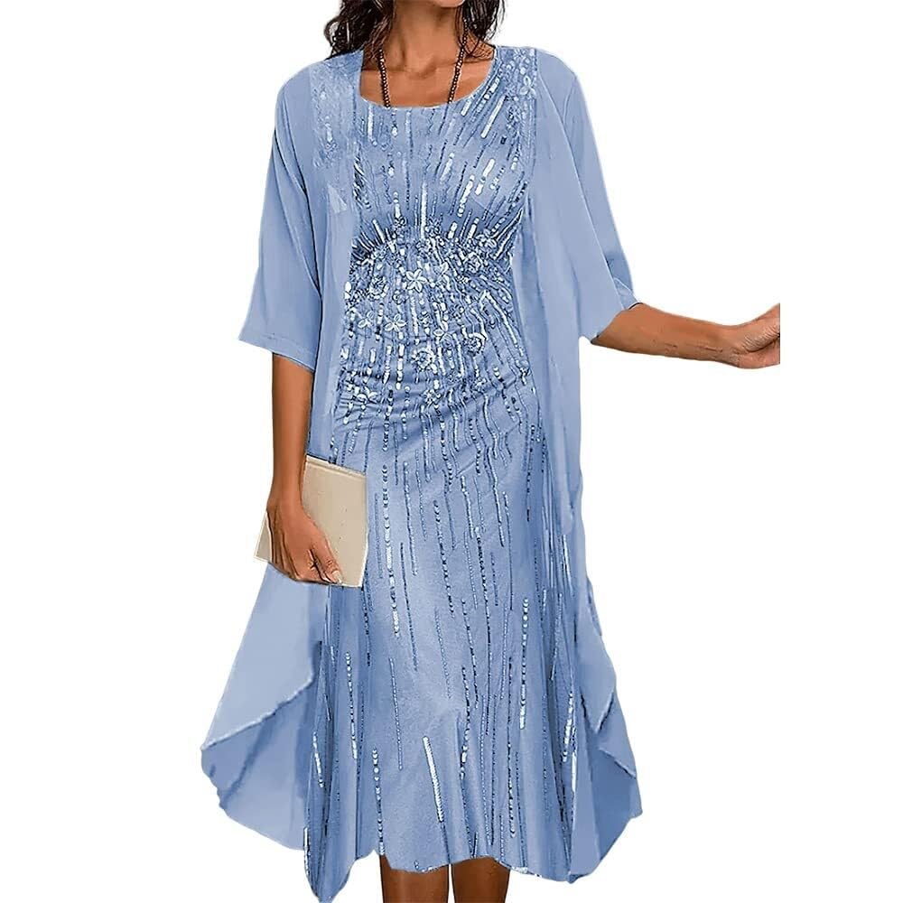 SOMOU Two-Piece Set Maxi Dress for Womens Flowy Chiffon Cardigan Wedding Guest Floral Print Midi Dresses with Lace Jacket, 3X-Large, Blue