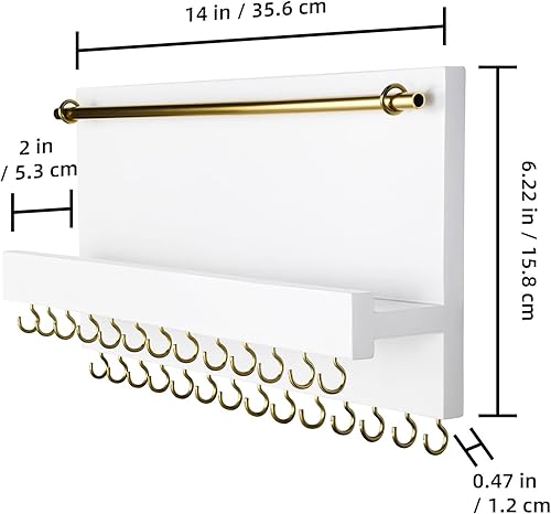 Miniatura 4 de SANY DAYO HOME 27 ganchos para colgar collares de pared de 14 x 6 pulgadas, organizador de joyas de madera rústica con barra de pulsera extraíble y