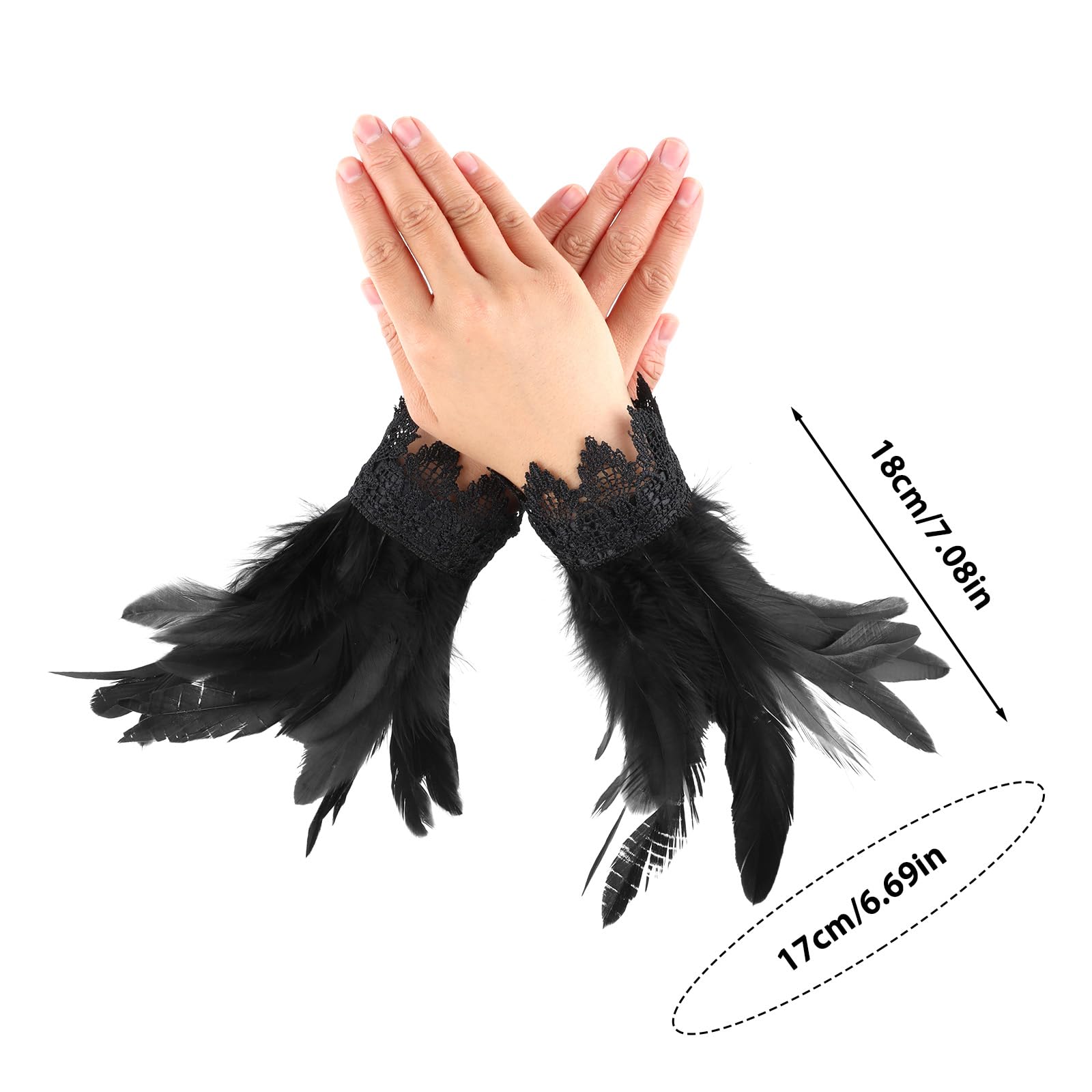 WLLHYF Black Lace Feather Gloves Witch Angel Costume Gothic Mesh Wristband Cuff Wedding Accessory for Women Halloween Christmas Cosplay(Black) - Image 2