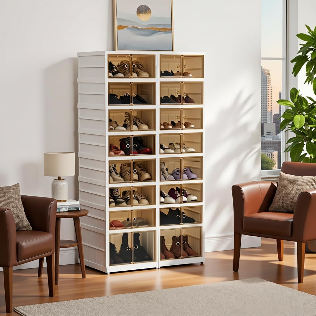 Klappbarer Schuhhalter, 9 Stufe 36 Doppel-Klappschrank, Transparent Stapelbarer Schuh-Aufbewahrungskasten, Magnetsaugtürrahmen mit Rädern, weiß