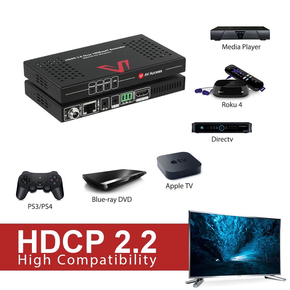 AV Access 4K HDMI Extender (HDBaseT) bis 70m, Ultra HD 4K60Hz mit HDR10 und 3D Effekt, EDID Verwaltung, HDCP 2.2, HDMI 2.0, 2-Wege PoE, IR und RS232, Kein Latenz über Cat5e/6a/7