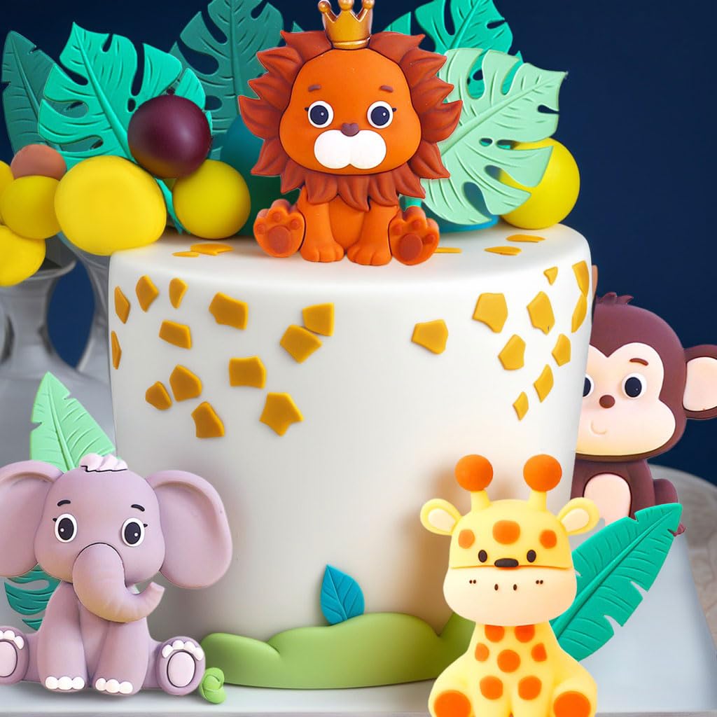 Décoration Gâteau Safari Jungle - 4 Animaux + Feuilles, Pour Fête Bébé Ou Anniversaire