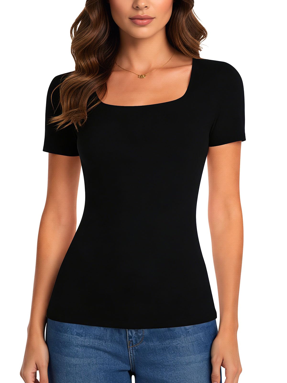 Joyshaper Tshirt Damen Sommer Kurzarm Tops Eckiger Ausschnitt Basic Elegant Tee Shirts Slim Fit Oberteile