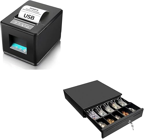 MUNBYN Impresora de recibos USB de 3.150in, cajón negro para caja registradora, cajón de efectivo de 16 pulgadas de ancho con bandeja extraíble para