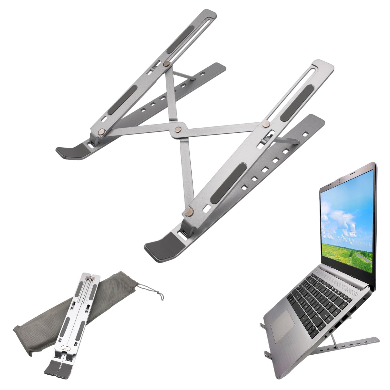 Dohe - Support Ordinateur Portable - Réglable sur 7 Niveaux, Antidérapant, Fabriqué en Aluminium Résistant, Compatible 13-15.6”, Inclinaison 15-45º, Couleur Argent