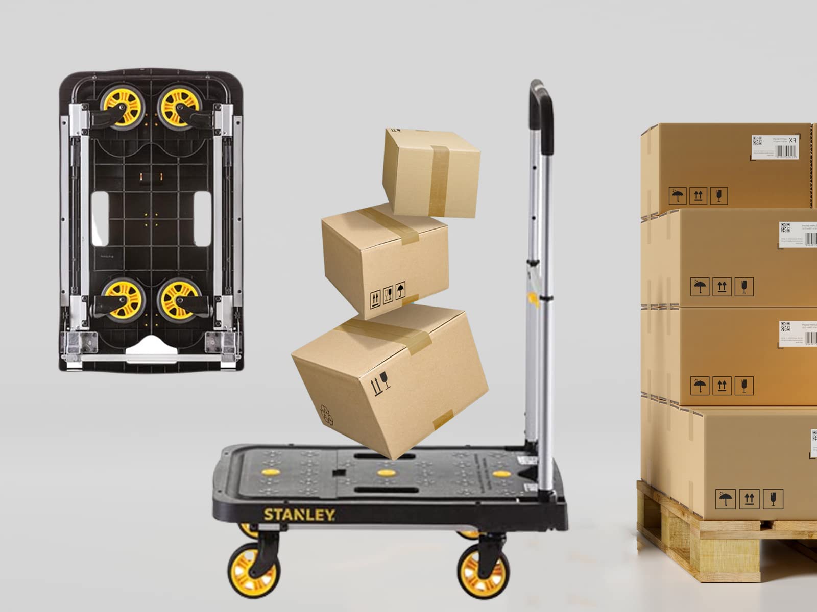 Stanley Klappbarer Plattformwagen PC517 - Max. 120KG - Aluminium - 68 x 41 x 92 cm - Anti-Rutsch-Plattform - Schwarz/Gelb