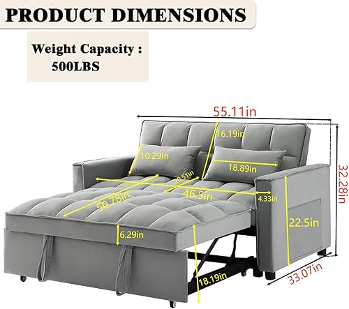 Miniatura 2 de Sofá cama convertible 3 en 1 con sofá cama extraíble, moderno sofá biplaza de terciopelo con respaldo ajustable y almohadas lumbares, sofá cama